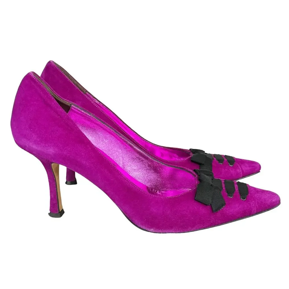 Vintage Y2K Isaac Mizrahi Suede Heels Pointed Toe Ribbon Trim Purple Black 9.5
